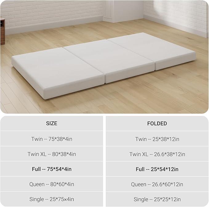 Avenco Folding Mattress, 4 Inch Trifold Mattress, Full Size Folding Mattress for Indoors, RV/Camper Van, Travel, Camping, Guest Room-Breathable Cover & Non-Slip Bottom