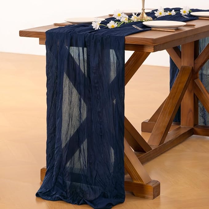Socomi 6pcs Navy Blue Fall Thanksgiving Cheesecloth Table Runner Boho Rustic Gauze 120 inch 10FT Cheese Cloth Runner for Wedding Party Baby Shower Birthday Home Decor Holiday Decorations