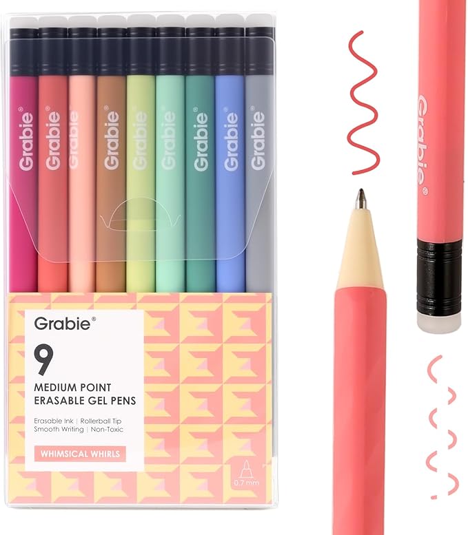 Grabie Erasable Gel Pens, Medium Point 0.7 mm Erasable Pens, Make Mistakes Disappear for Drawing Writing Planner, Pack of 9 Assorted Colors(Whimsical Whirls)