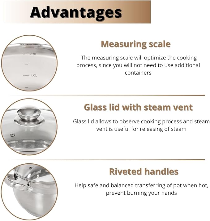 Daniks Classic Stainless Steel Stock Pot with Glass Lid – Induction 3 Quart, Dishwasher Safe, Measuring Scale, For Soup, Pasta, Stew, Silver