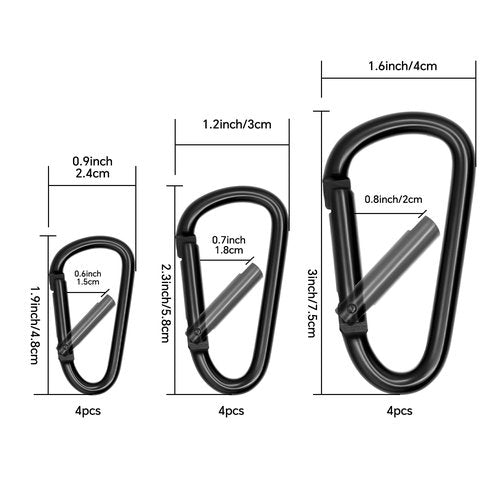 All Black Carabiner Clip Assorted Sizes, Includes 2 Inch Carbineers, Small 2.3" D Ring Clip, Large 3 Inch Carabiner Heavy Duty, Aluminum Caribiner Keychain Hook for Backpack Camping(Black-Comb 12pcs)