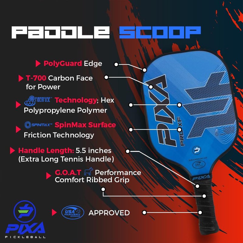 PIXA Pro XF T-700 Carbon Face Premium Pickleball Paddle; 20mm; Long 5.5 inch Handle; Premium Grip; Intermediate/Advanced; Great Gift!