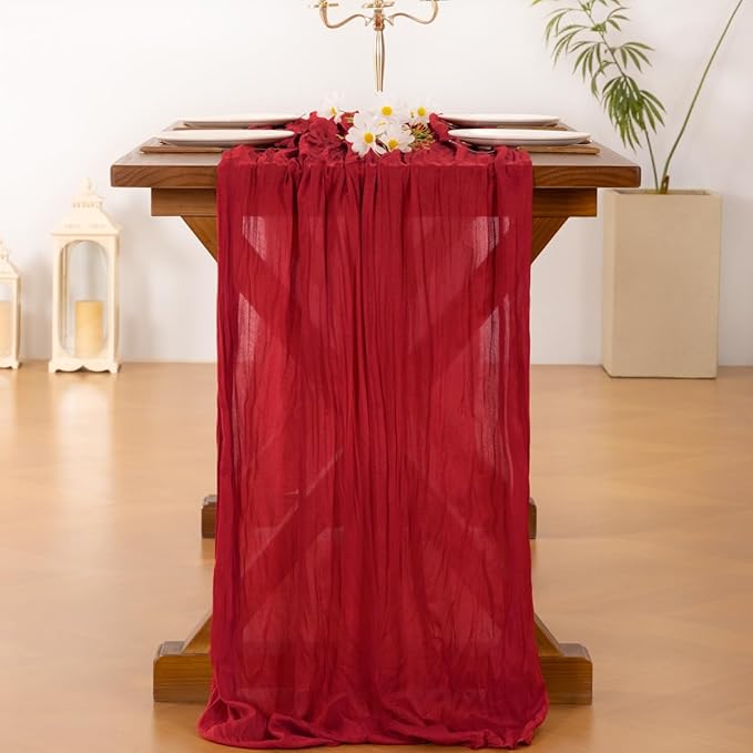 Socomi 3pcs Red Fall Thanksgiving Cheesecloth Table Runner Boho Rustic Gauze 120 inch 10FT Cheese Cloth Runner for Wedding Party Baby Shower Birthday Home Decor Holiday Decorations