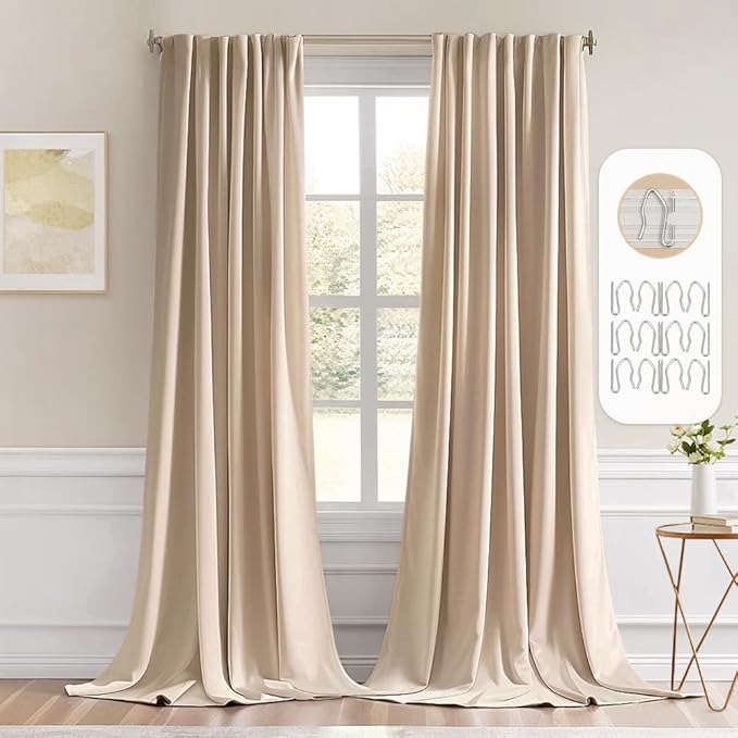 MIULEE Back Tab Beige Curtains 108 Inch Long 2 Panels Set