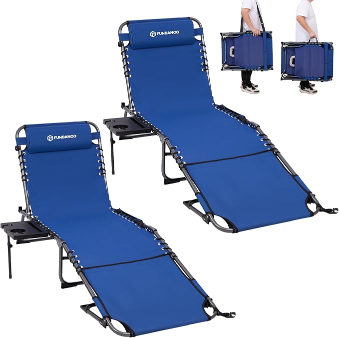 FUNDANGO 400lbs Heavy Duty Tanning Chair, Set of 2, Blue | Face Hole & Canopy & Side Table, 5 Positions, Facedown Chaise Lounge with Pillow, 400lbs