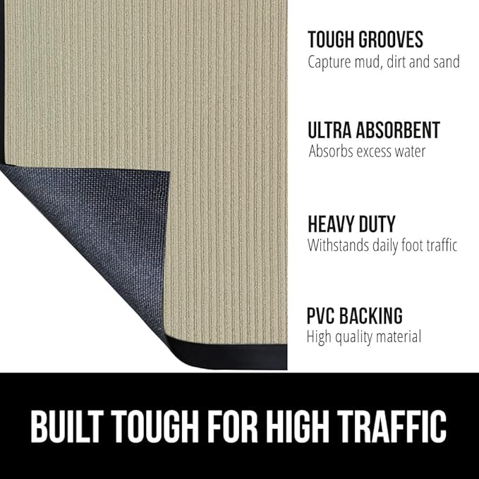GORILLA GRIP Traffic Guard Door Mat, 60x36, Heavy Duty Welcome Mats, Commercial Office Space Doormat, Waterproof, Fade Resistant, Strong Rubber Backing, Low Profile, Shoe and Boot Scraper, Beige