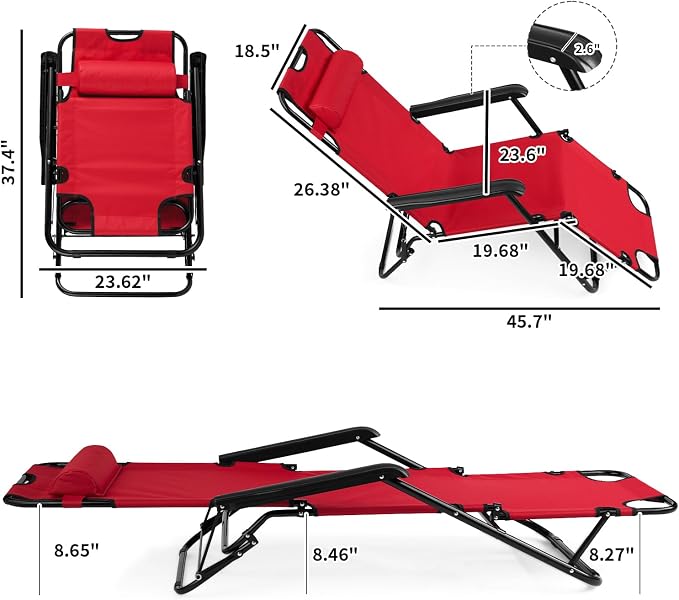 Outdoor Folding Chaise Lounge Chair, Patio Sun Lounger Reclining Beach Chair Sun Patio Pool Lawn Recliner Chair (Red)