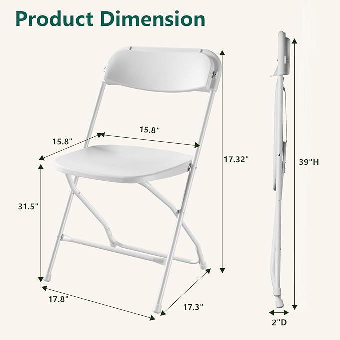 6 Pack White Plastic Folding Chairs, Outdoor Portable Folding Chair with Steel Frame, 350lbs Capacity Stackable Foldable Chairs for Patio, Garden, Picnic, Kitchen, Events