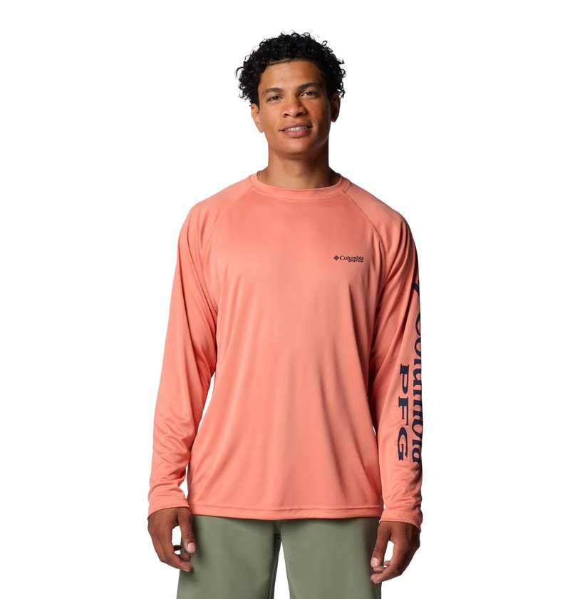 Columbia Men's Terminal Tackle Long Sleeve Shirt, Faded Peach/Collegiate Navy Logo, 4X Big