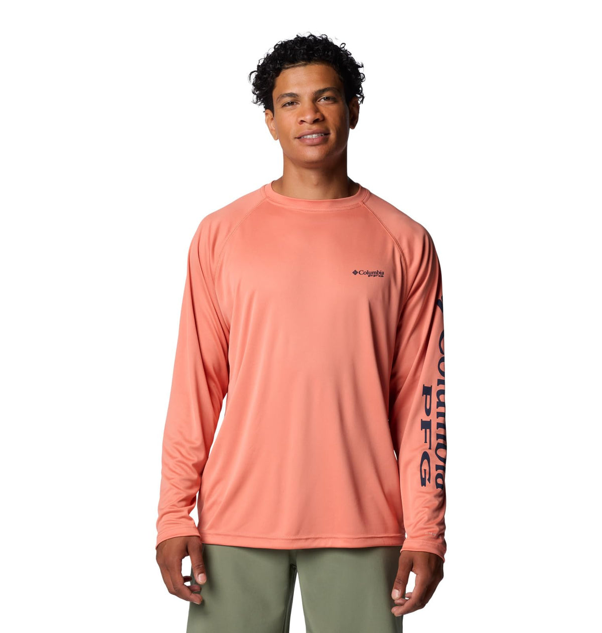 Columbia Men's Terminal Tackle Long Sleeve Shirt, Faded Peach/Collegiate Navy Logo, X-Small