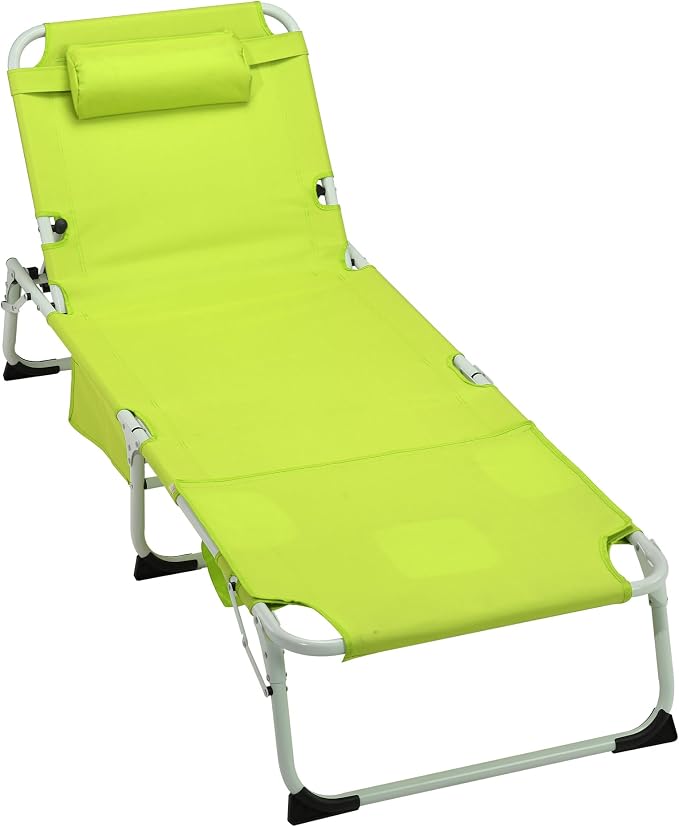 3-in-1 Oversized Sun Tanning Chair with Mat & Face Hole (Green) | Folding Chaise Lounge,5-Position Adjustable Outdoor Chair for Beach, Pool, Patio, Lawn, Yard - Includes Pillow
