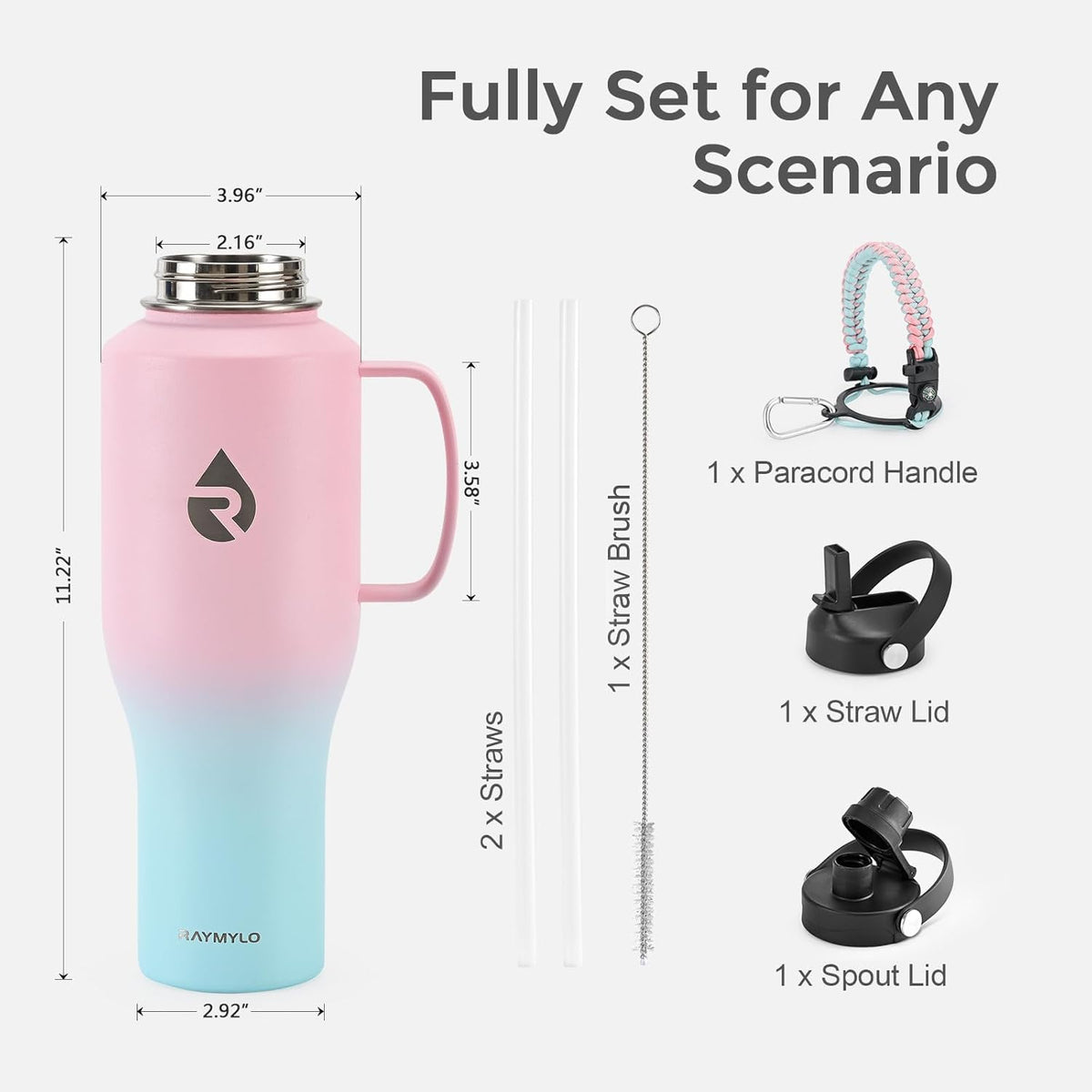 RAYMYLO Insulated Water Bottle - 40oz Stainless Steel Flask with Handle & Straw Lid | Keeps Drinks Cold for 48 Hrs