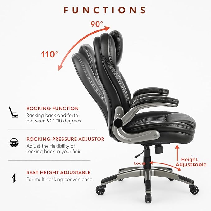 COLAMY High Back Executive Office Chairs,Ergonomic PU Leather Desk Chairs with Flip-Up Armrests, Adjustable Height, Lumbar Support,Comfortable Computer Chairs for Home Office,Set of 2