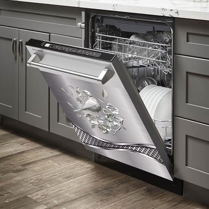 Stainless Steel Design Bird Painting Kitchen Decorative Dishwasher Cover Magnet Sticker,Fridge Panel Door,Refrigerator Decal Home Decor 23x17inch