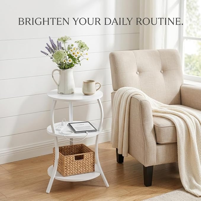 Small Round Side Table with Charging Station, 3-Tier Waist Circular End Table with Storage Shelf, Compact Tea Sofa Side Table Small Spaces, Round Corner Coffee Table for Living Room Bedroon,White
