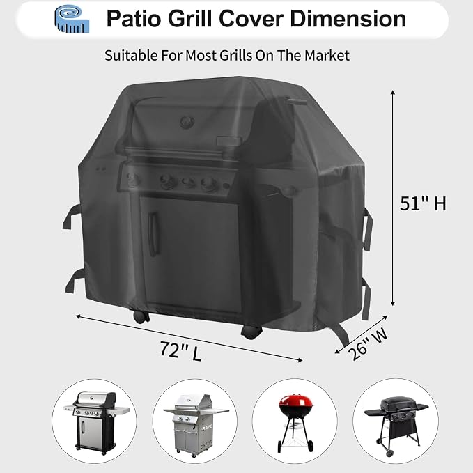 OutdoorLines Waterproof Heavy Duty BBQ Grill Cover - Universal Barbecue Grill Covers UV Resistant Barbeque Gas Grill Cover for Outdoor Outside Grill, 72L x 26W x 51H Inch, Black
