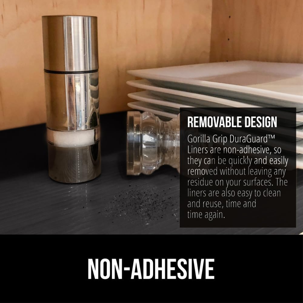 GORILLA GRIP DuraGuard Shelf Liner, 17.5x20 Non-Adhesive Cabinet Liners for Kitchen Drawers, Shelves, Refrigerator, Pantry Storage, Bathroom Closet, Durable Waterproof BPA Free Ribbed Plastic, Black