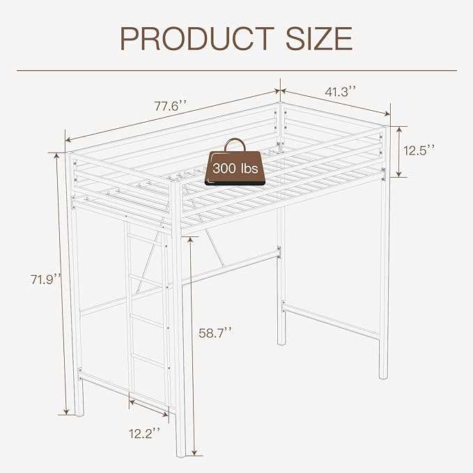 ikalido Metal Loft Bed Twin Size with Safety Guardrail and Ladder, No Box Spring Needed Space Saving Bedroom Furniture, Matte Black