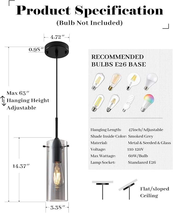 Smoke Gray Glass Pendant Light, Kitchen Pendant Lights 1 Pack, Kitchen Pendant Lighting Over Island, Modern Clear Hanging Pendant Light for Kitchen Island, Bedroom, Living Room, Bathroom