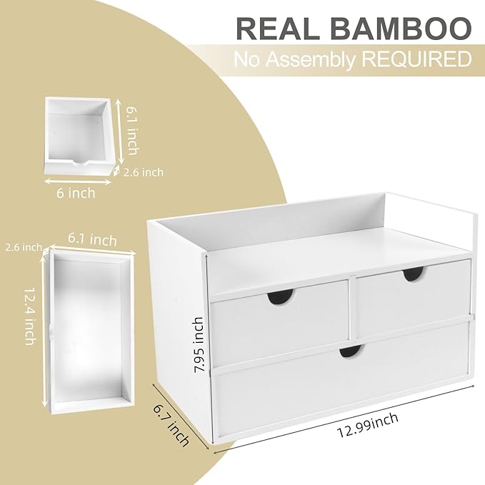 Bamboo Desk Organizer with 3 Drawers, Countertop Organizer with Drawers Makeup Storage Drawer 3 Drawer Tabletop Storage Organization Box Home Office Workspace（White）