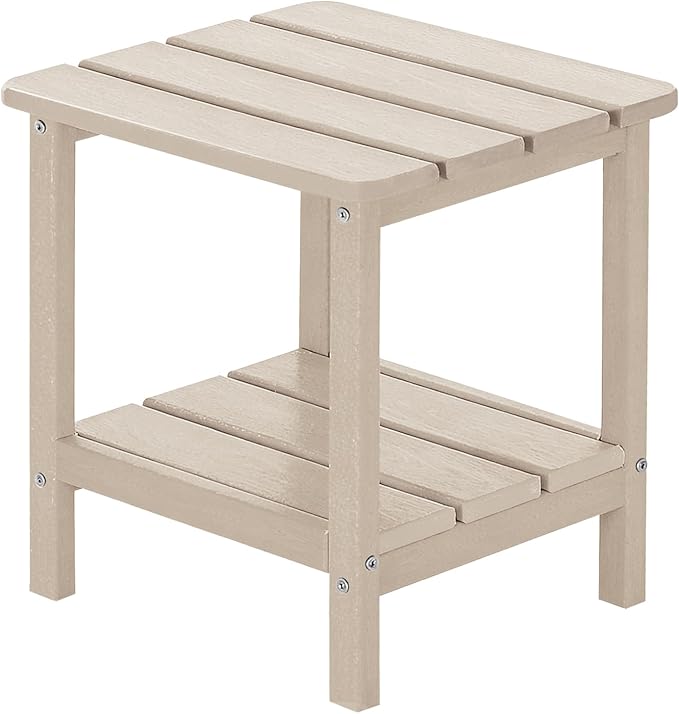 Outdoor Side Table HDPE Small Outdoor End Table Patio Side Tables Square for Backyard Pool Porch Balcony Double Layer Storage, Sand (Wood Grain Finish)