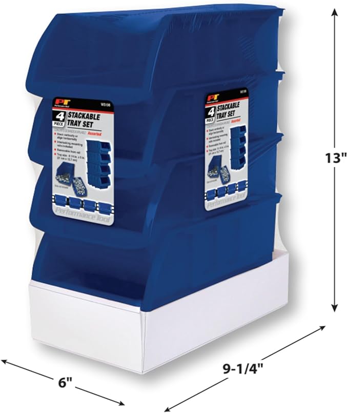 Performance Tool W5196 Large Stackable Storage Trays - Adjustable for Vertical or Horizontal Position, Blue, Pack of 4