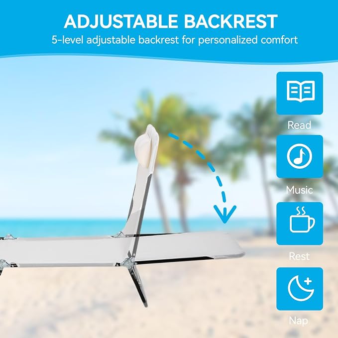 Outdoor Chaise Lounge with Detachable Pillow, Reclining Folding Chair with 5-Position Adjustable Back, Portable Tanning Chair For Beach, Pool, Lawn, Breathable Mesh Seat, No Assembly (Cream White)