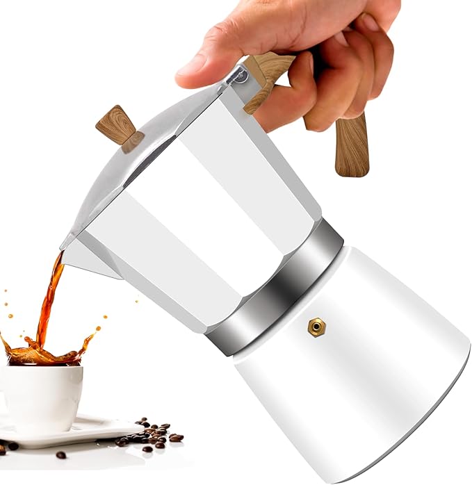 3 Cup Aluminum Moka Pot Classic Stovetop Espresso Coffee Maker 150ml 5oz Coffeemaker Percolator Mocha Express Preferred Cafe Makers for Italian and Cuban Café Brewing White