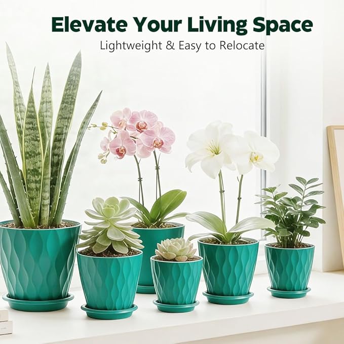 Plant Pots, Self Watering Planters with Drainage Holes and Trays, Flower Pots for Indoor Outdoor - 6 Pack(4/5/6/6.5/7/8 Inch) (Dark Green)