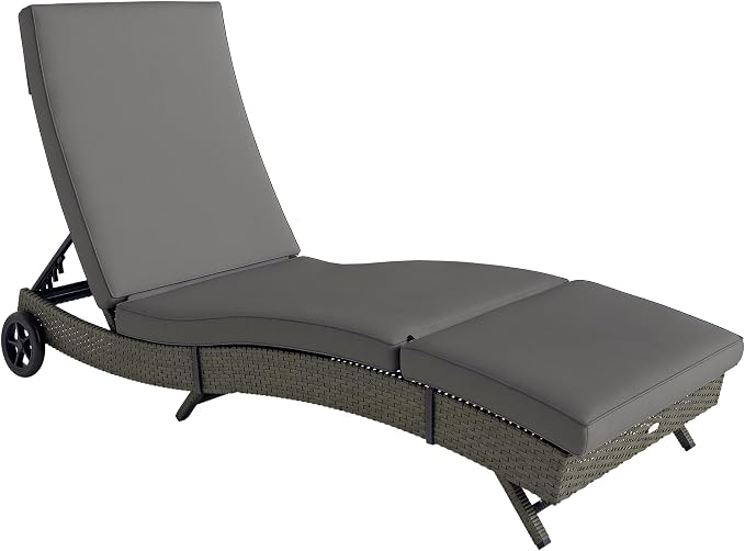 Outsunny Wicker Chaise Lounge Chair Outdoor with Wheels & Cushion, PE Rattan Patio Lounge Chair with 5-Level Adjustable Backrest for Poolside, Garden, Gray