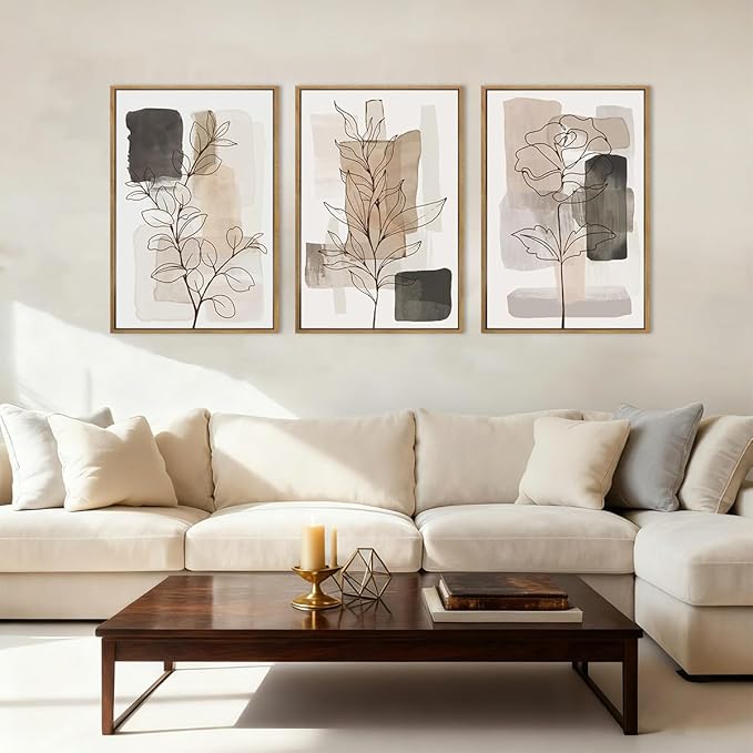 Anyzal Large Framed Neutral Floral Wall Art 16x24 Inch Tan Modern botanical Canvas Wall Decor Minimalist Black Flower Prints for Living room Bedroom Dining room Set of 3
