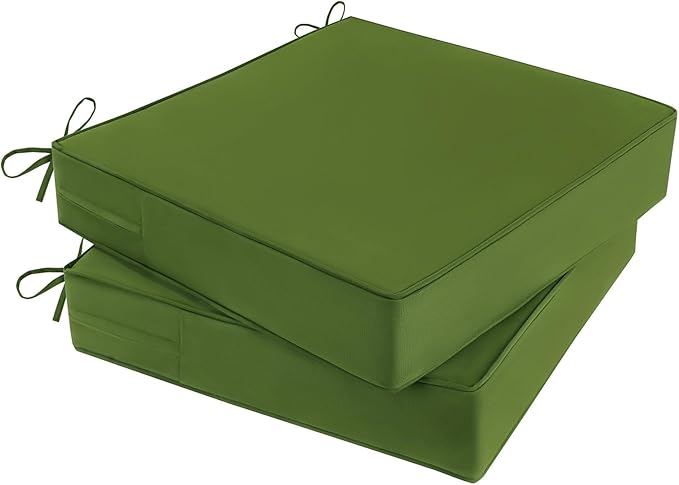 Outdoor Chair Cushions 19x19x4 Inch, Waterproof Green Patio Furniture Cushions Set of 2 with Ties & Handle, 3 Year Color Fastness Square Replacement Seat Cushions for Sofa, Couch
