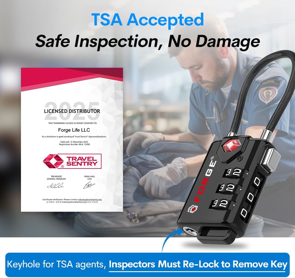 Skiennix TSA Approved Cable Luggage Locks - Re-settable Combination, Durable Alloy Body, Black (2 Pack)