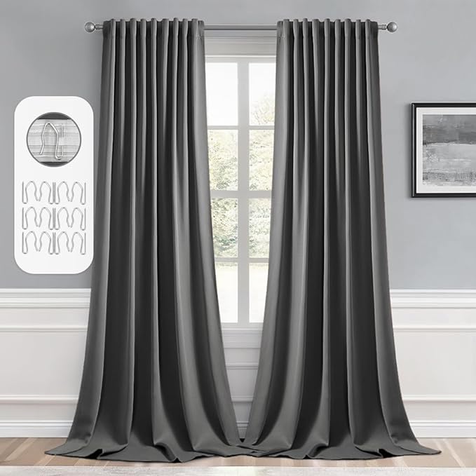 MIULEE Back Tab Grey Blackout Curtains 96 Inch Long 2 Panels Set