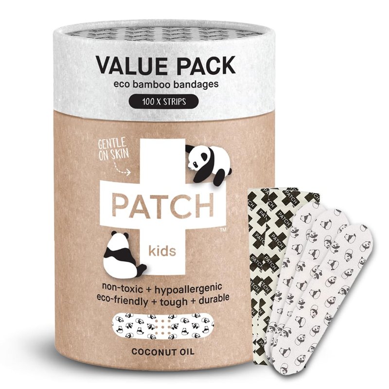 PATCH 100 Pieces, Coconut Oil, Value Pack, Kids Panda Eco-Friendly Bamboo Adhesive Bandages for Scratches & Grazes, Hypoallergenic Wound Care for Sensitive Skin, Biodegradable, Latex & Plastic Free