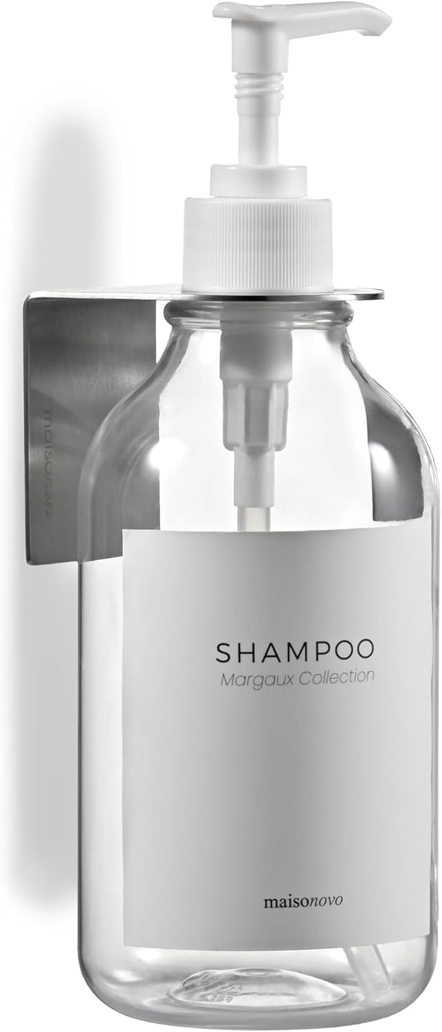MaisoNovo Shampoo and Conditioner Dispenser - Shower Soap Dispenser Wall Mounted - 16.9 fl oz Set of 1 Clear Plastic Bottles White Pump - 1 Chamber No Drill