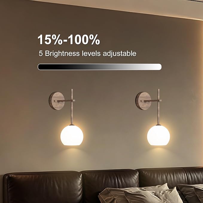 Walnut Grain Battery Operated Wall Sconces Set of 2, Rechargeable Wireless Wall
