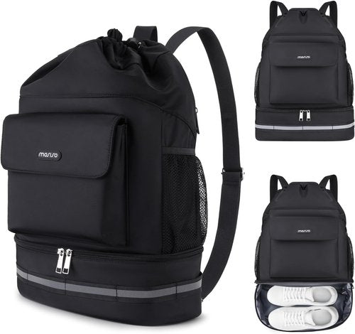 MOSISO Gym Bag - Versatile Drawstring Backpack with Shoe Compartment & Front Pocket - Black