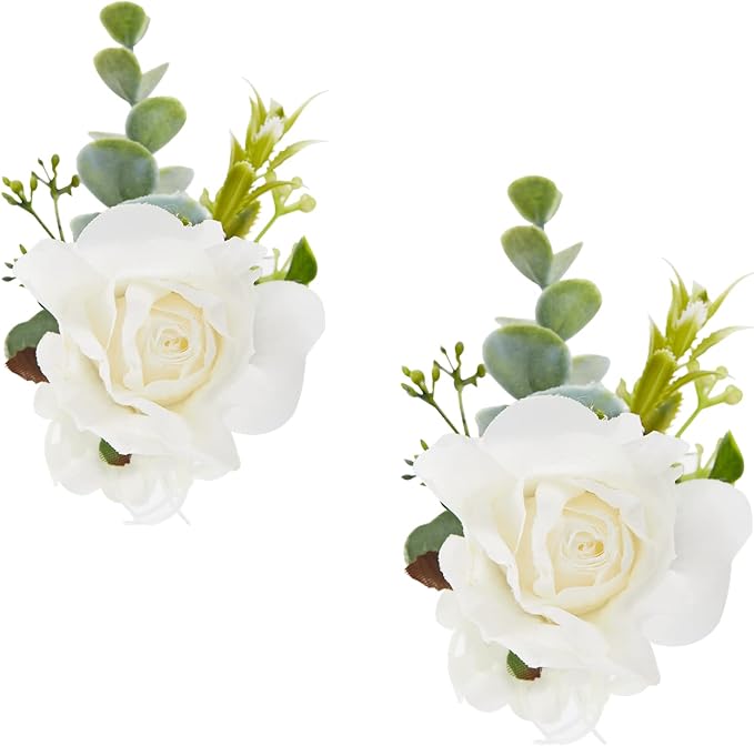 Meldel White Rose Wrist Corsage, Pack of 2 PCS Wedding Bridal Wrist Flower Corsage Hand Flower Artificial Silk Rose Decor for Prom Party Wedding