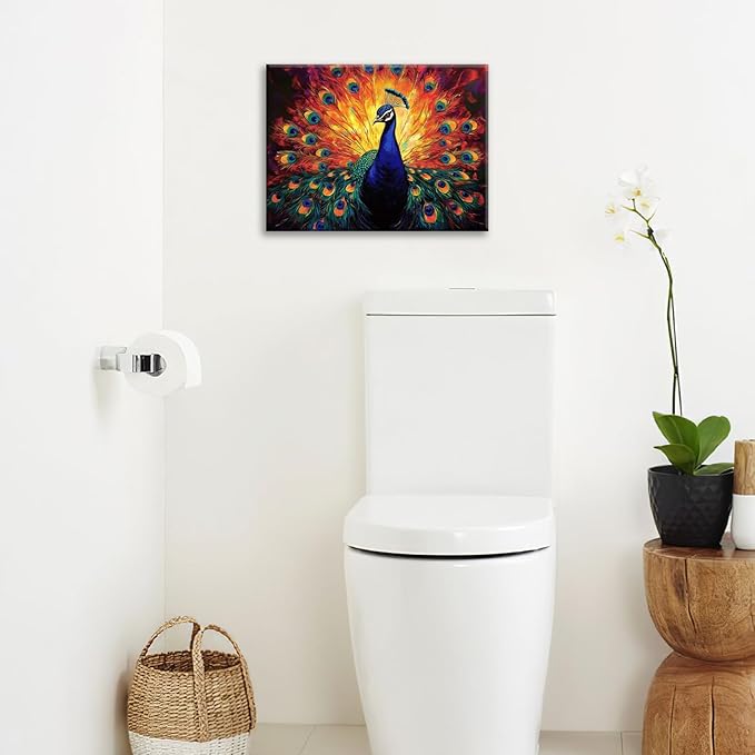 Peacock Wall Art, Elegance Peacock Pictures Wall Decor, Colorful Animal Canvas Prints Painting, Framed Artwork For Bathroom Living Room Office Bedroom Dining Room 20"X16"