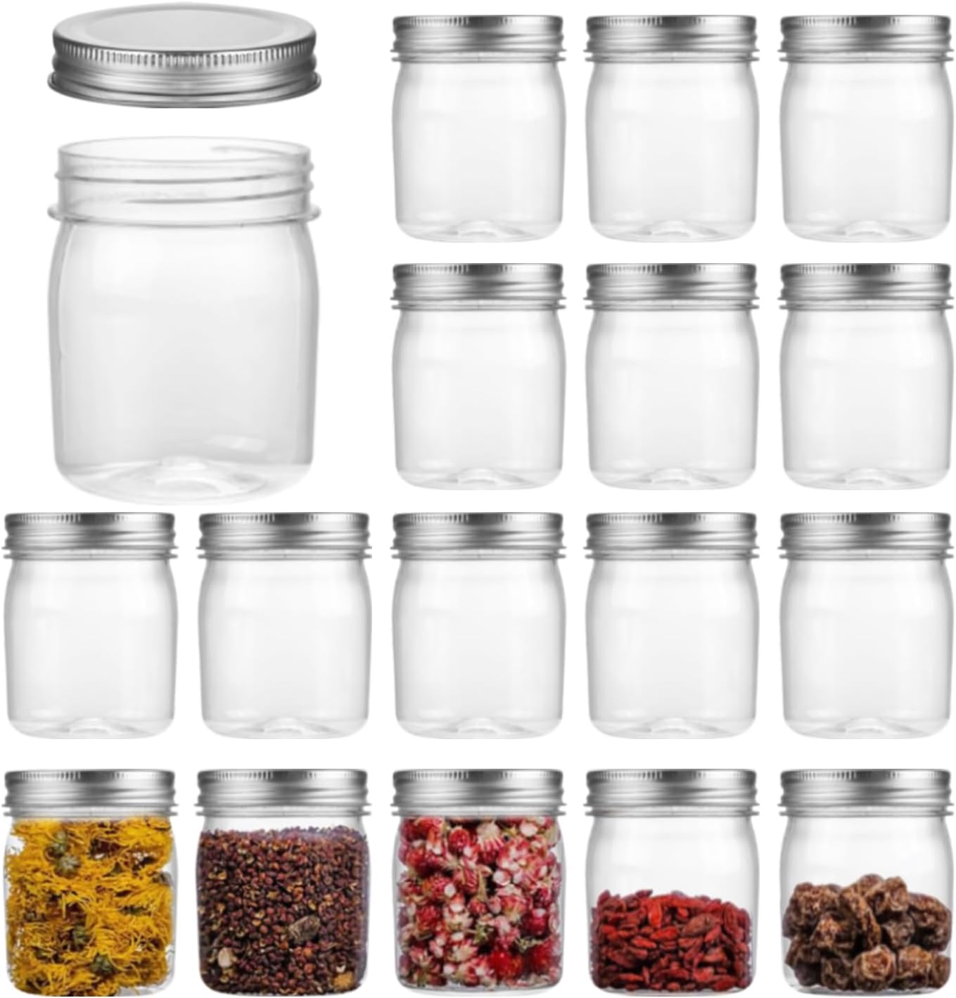 Plastic Mason Jars Reusable Storage Containers with Silver Airtight Lid 8 Ounce Clear Jars for Dry Foods, Coffee,BPA Free (16 Pack-Sliver)