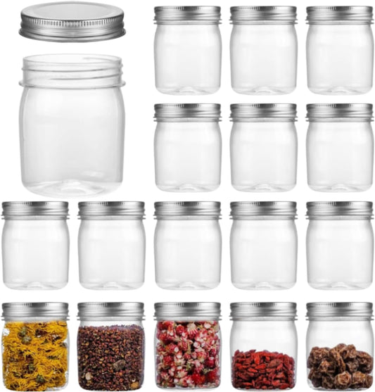 Plastic Mason Jars Reusable Storage Containers with Silver Airtight Lid 8 Ounce Clear Jars for Dry Foods, Coffee,BPA Free (16 Pack-Sliver)