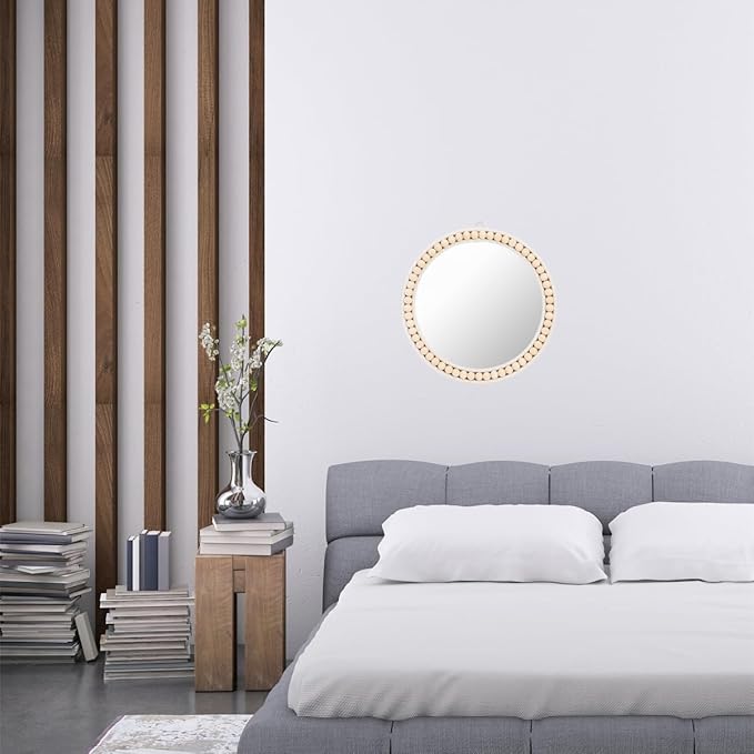 Eorbow Boho Wall Mounted Mirror, 12 Inch Round Wooden Bead Hanging Mirrors