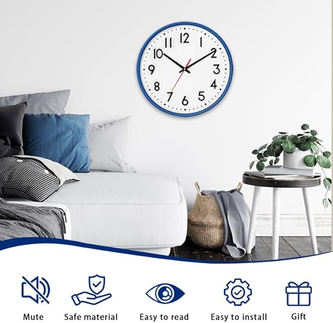 HZDHCLH Wall Clock Blue, Silent Wall Clocks Battery Operated 12 Inch Modern Non