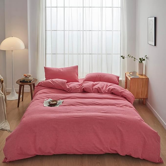 FACE TWO FACE Bedding Duvet Cover Set 3 Pieces 100% Washed Cotton Duvet Cover Linen Like Textured Breathable Durable Soft Comfy (California King, Red)