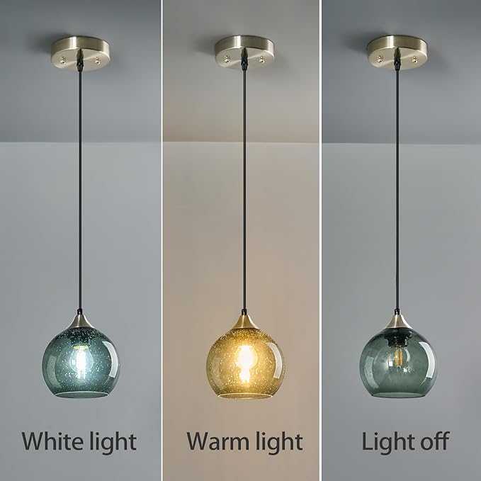 Gray Green Glass Pendant Lights Kitchen Island Lighting Globe Pendant Light Fixtures Modern Pendant Lighting for Kitchen Island Bedroom Living Dining Room Light Fixture(5.9in, 3-Pack)