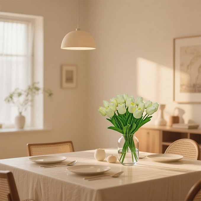 20pcs Fake Tulips Artificial Flowers Faux Flowers PU Faux tulips 13.5 Inch Mother's Day Easter Valentine’S Day Gifts in Home Kitchen Spring Decorations For Home (Cream)