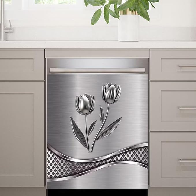 Stainless Steel Flower Painting Dishwasher Cover Decorative Magnetic Sticker Kitchen Refrigerator Covers for The Front Fridge Door Magnet 23W x 26H inchs