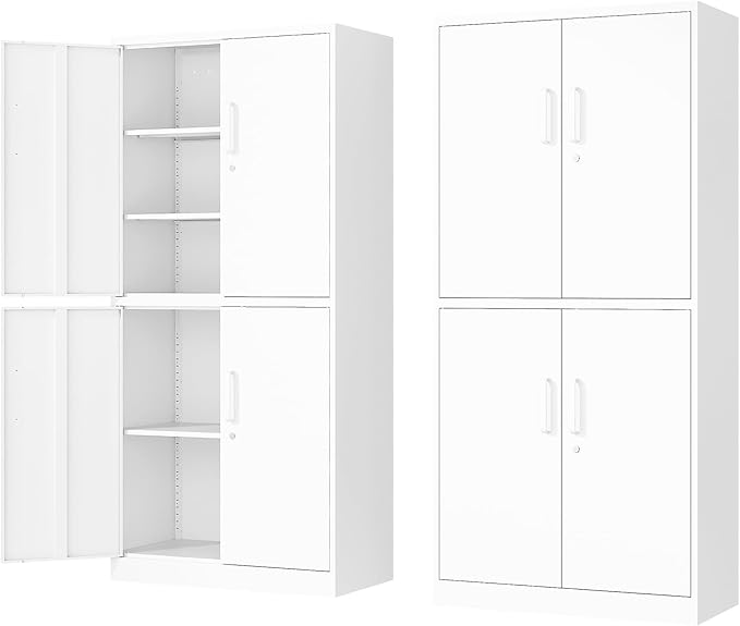 71” Metal Storage Lockable Heavy Duty File Cabinet Garage Tool Cabinets with Doors and Shelves-Tall White Steel Cabinet for Garage for Office, Gym, School