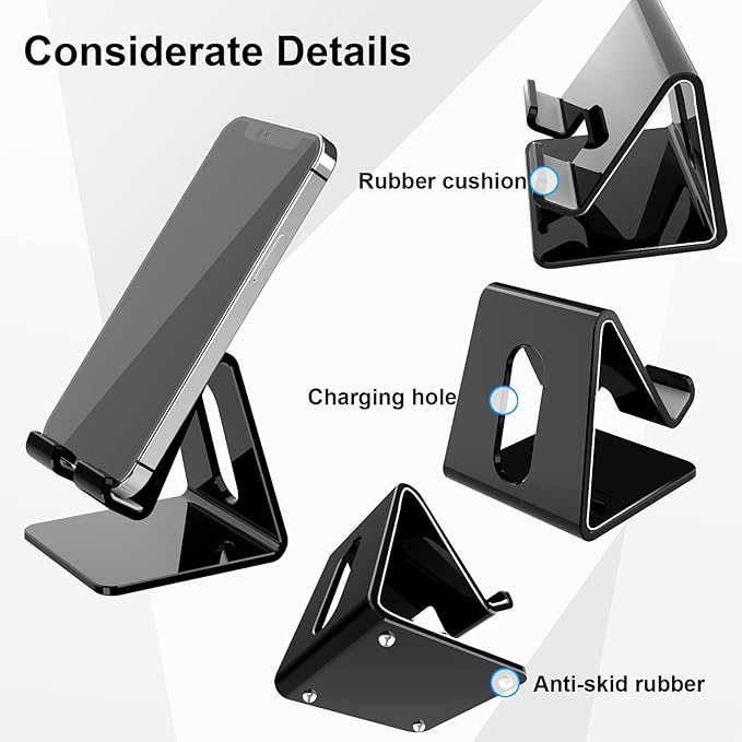 Crpich Acrylic Phone Stand, Ergonomic Design for Apple iPhone and Samsung Galaxy, Compatible with 4-8 Inch Screens, Black
